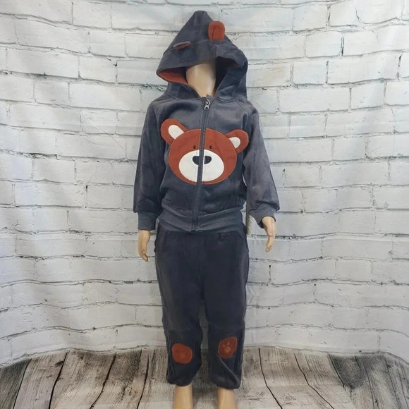 5T Toddler Grey Teddy Bear 2 piece Hoodie and Pants Velvet Outfit Set - Picture 2 of 14